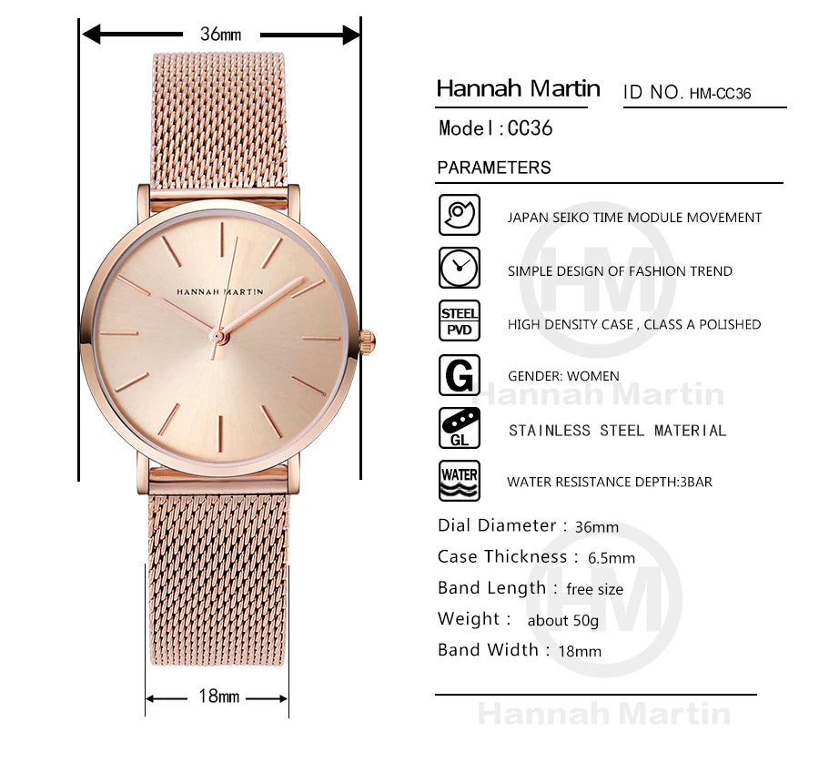 HANNAH MARTIN Brand Quality Stainless Steel Japan Quartz Women's Watch