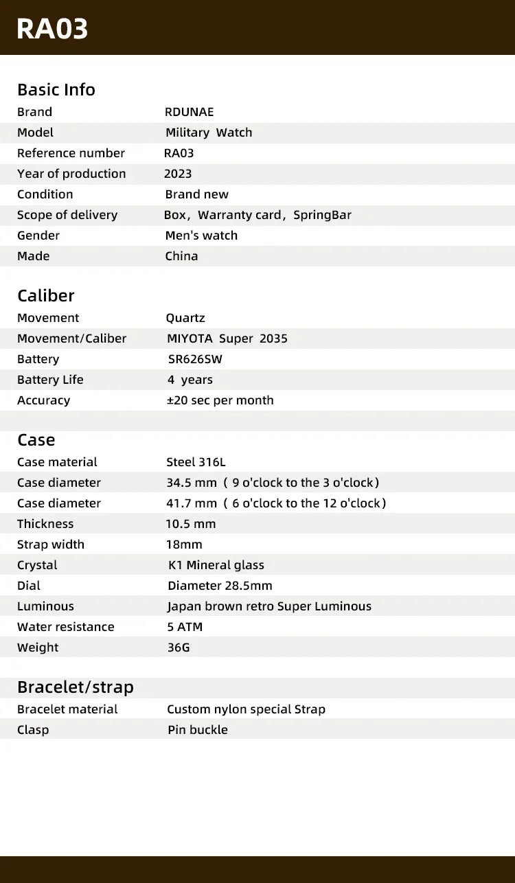 2025 New RDUNAE RA03 34.5mm Military Men Analog Watch