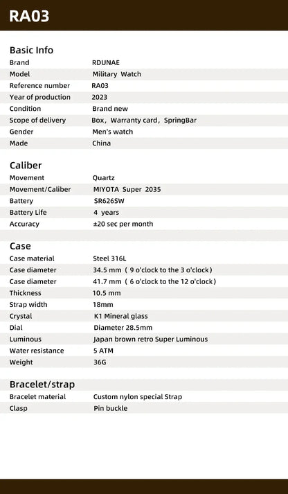 2025 New RDUNAE RA03 34.5mm Military Men Analog Watch